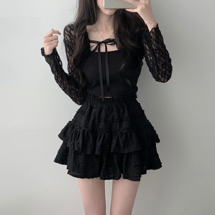 가디건품절 주문폭주감사세일 리본 플라워 시스루 볼레로 가디건휘핑 밴딩 캉캉 미니 스커트 투피스 A33