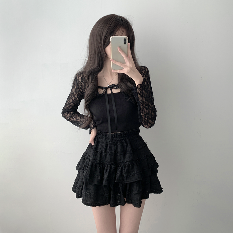 가디건품절 주문폭주감사세일 리본 플라워 시스루 볼레로 가디건휘핑 밴딩 캉캉 미니 스커트 투피스 A33