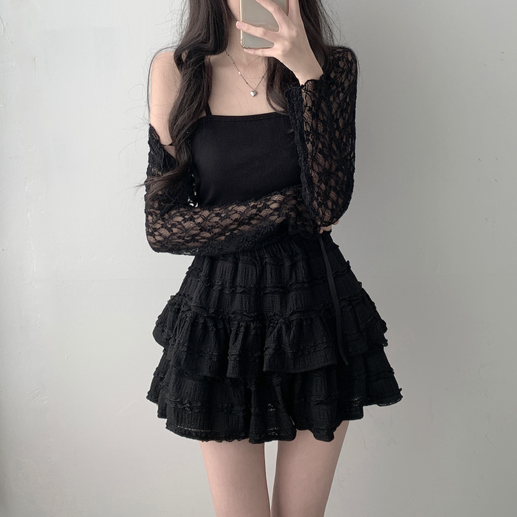 가디건품절 주문폭주감사세일 리본 플라워 시스루 볼레로 가디건휘핑 밴딩 캉캉 미니 스커트 투피스 A33