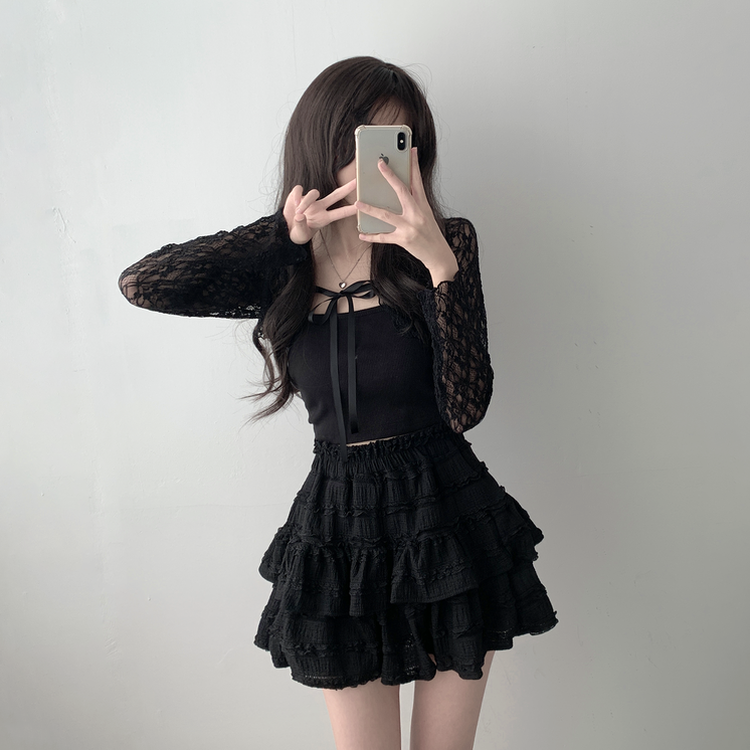 가디건품절 주문폭주감사세일 리본 플라워 시스루 볼레로 가디건휘핑 밴딩 캉캉 미니 스커트 투피스 A33