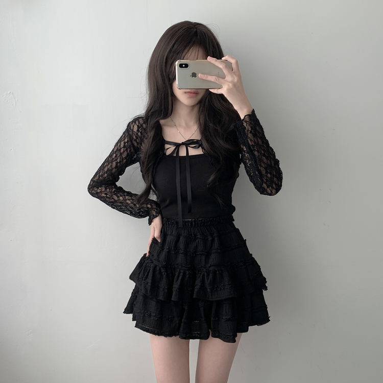 가디건품절 주문폭주감사세일 리본 플라워 시스루 볼레로 가디건휘핑 밴딩 캉캉 미니 스커트 투피스 A33