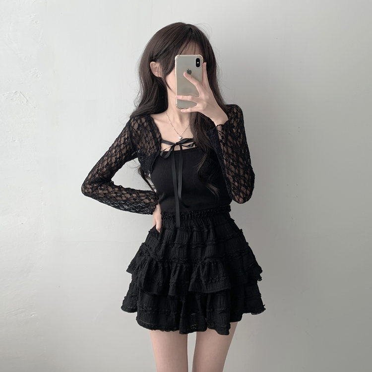 가디건품절 주문폭주감사세일 리본 플라워 시스루 볼레로 가디건휘핑 밴딩 캉캉 미니 스커트 투피스 A33