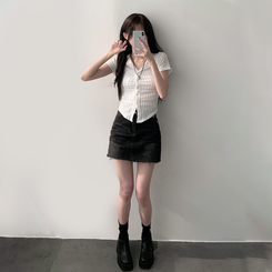 【SET着用可能】シャーリング半袖ニットカーディガン デニムスカート(6color) IVORY-TOP
