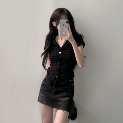 【SET着用可能】シャーリング半袖ニットカーディガン デニムスカート(6color) BLACK-TOP