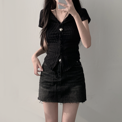 【SET着用可能】シャーリング半袖ニットカーディガン デニムスカート(6color) BLACK-TOP