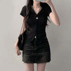 【SET着用可能】シャーリング半袖ニットカーディガン デニムスカート(6color) BLACK-TOP