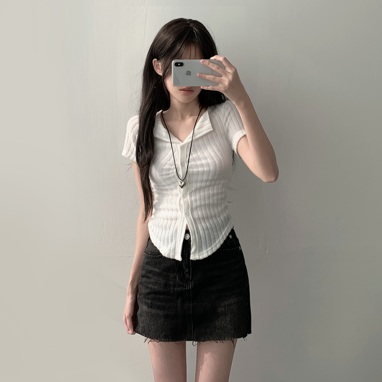 【SET着用可能】シャーリング半袖ニットカーディガン デニムスカート(6color) IVORY-TOP