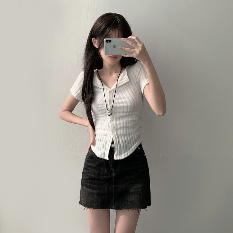 【SET着用可能】シャーリング半袖ニットカーディガン デニムスカート(6color) IVORY-TOP