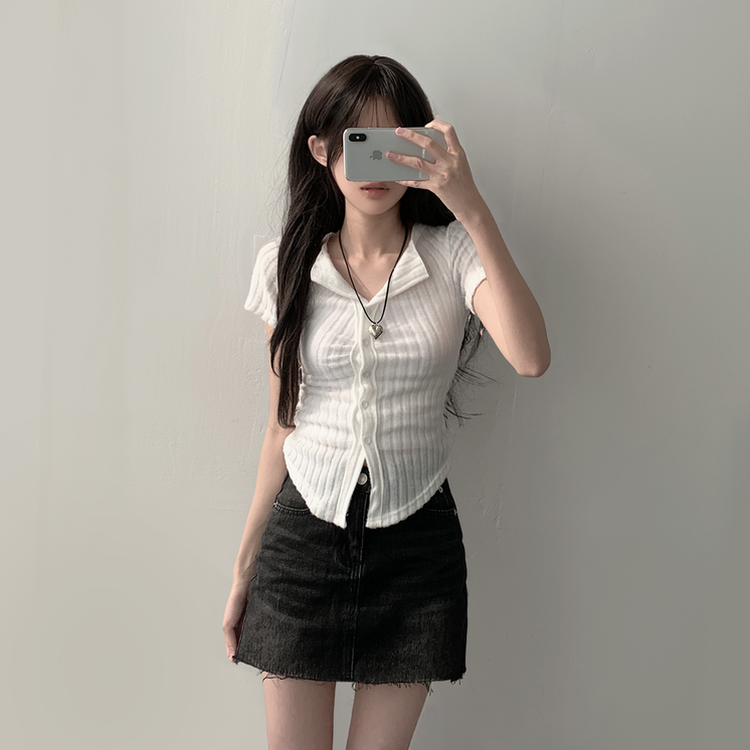【SET着用可能】シャーリング半袖ニットカーディガン デニムスカート(6color) IVORY-TOP