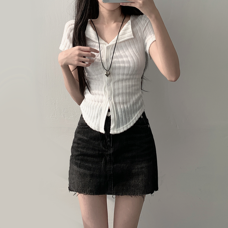 【SET着用可能】シャーリング半袖ニットカーディガン デニムスカート(6color) IVORY-TOP