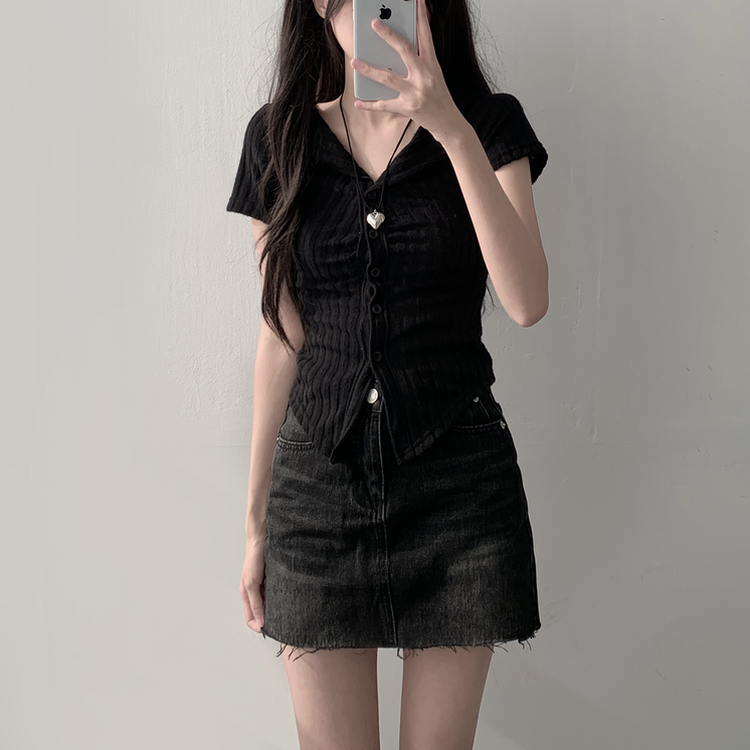 【SET着用可能】シャーリング半袖ニットカーディガン デニムスカート(6color) BLACK-TOP