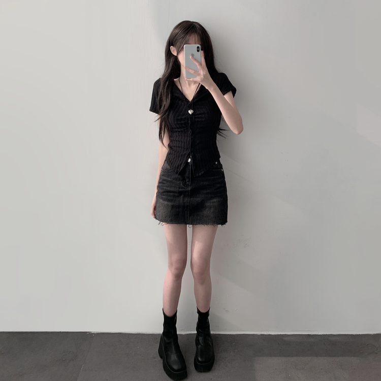 【SET着用可能】シャーリング半袖ニットカーディガン デニムスカート(6color) BLACK-TOP