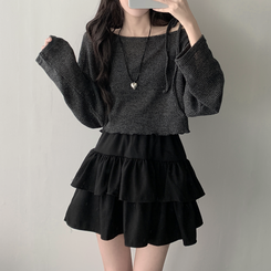 ツーピース 【SET着用可能】リボンオフショルダーニット ティアードスカート CHARCOAL-TOP