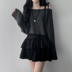 ツーピース 【SET着用可能】リボンオフショルダーニット ティアードスカート CHARCOAL-TOP