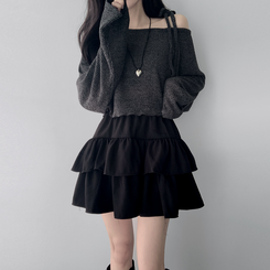 ツーピース 【SET着用可能】リボンオフショルダーニット ティアードスカート CHARCOAL-TOP