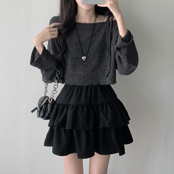 ツーピース 【SET着用可能】リボンオフショルダーニット ティアードスカート CHARCOAL-TOP
