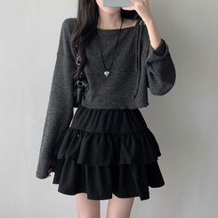 ツーピース 【SET着用可能】リボンオフショルダーニット ティアードスカート CHARCOAL-TOP