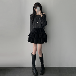 ツーピース 【SET着用可能】リボンオフショルダーニット ティアードスカート CHARCOAL-TOP