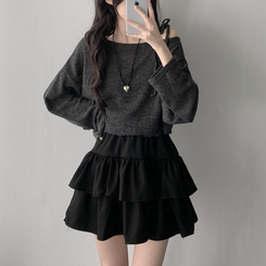 ツーピース 【SET着用可能】リボンオフショルダーニット ティアードスカート CHARCOAL-TOP