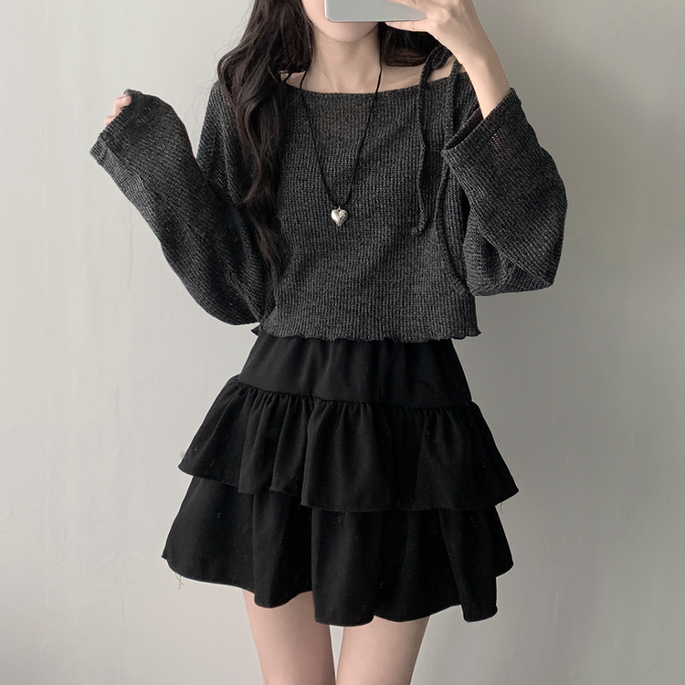 【SET着用可能】リボンオフショルダーニット ティアードスカート CHARCOAL-TOP
