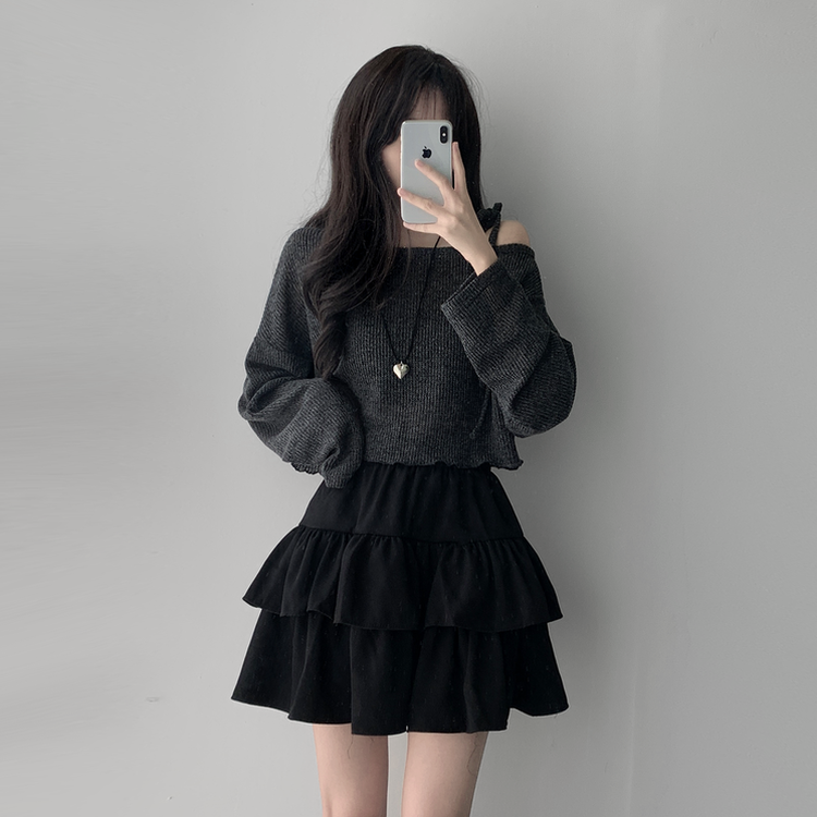ツーピース 【SET着用可能】リボンオフショルダーニット ティアードスカート CHARCOAL-TOP