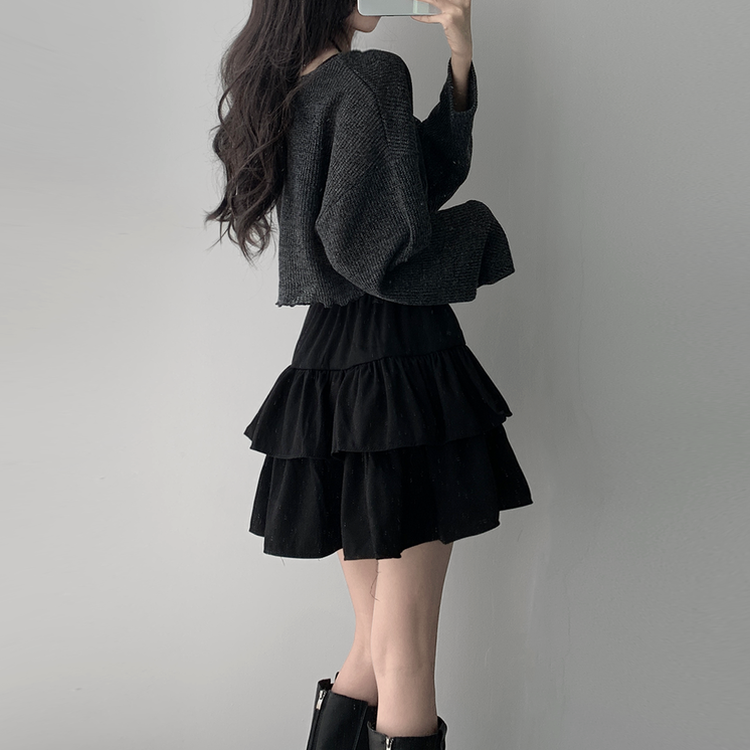 【SET着用可能】リボンオフショルダーニット ティアードスカート CHARCOAL-TOP