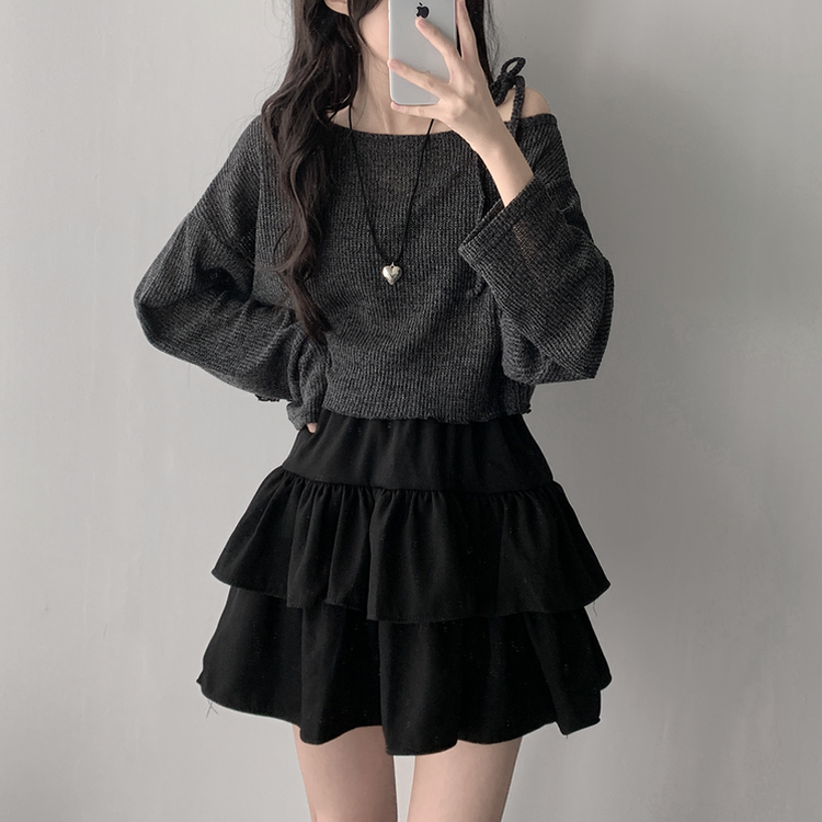 【SET着用可能】リボンオフショルダーニット ティアードスカート CHARCOAL-TOP