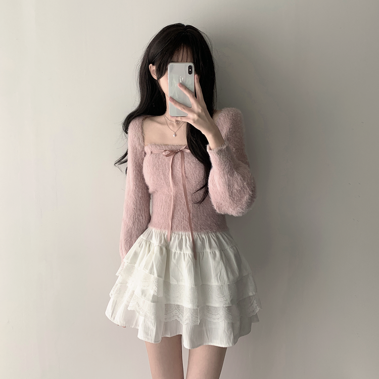 【SET着用可能】アンゴラリボンボレロ ティアードミニスカート PINK-TOP