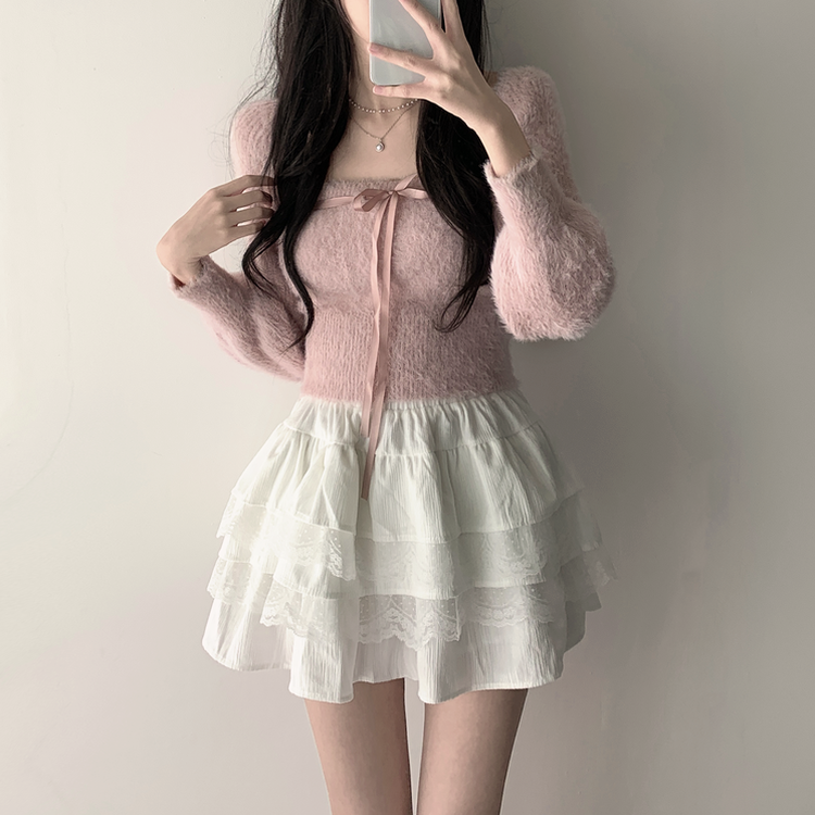 【SET着用可能】アンゴラリボンボレロ ティアードミニスカート PINK-TOP