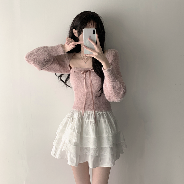 【SET着用可能】アンゴラリボンボレロ ティアードミニスカート PINK-TOP