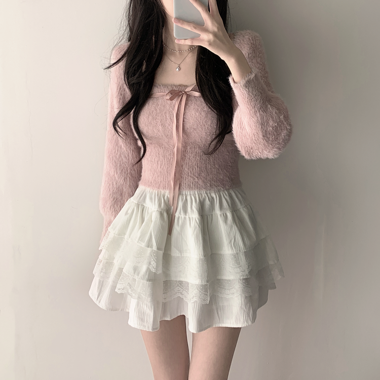 【SET着用可能】アンゴラリボンボレロ ティアードミニスカート PINK-TOP