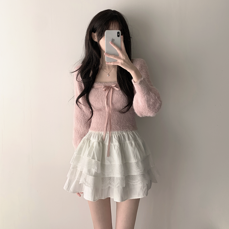 【SET着用可能】アンゴラリボンボレロ ティアードミニスカート PINK-TOP