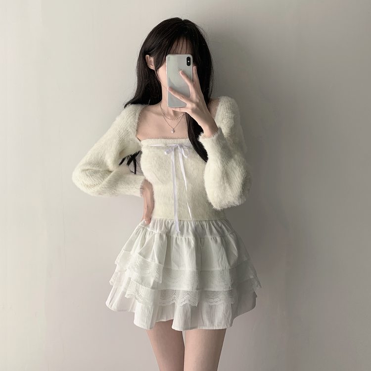 【SET着用可能】アンゴラリボンボレロ ティアードミニスカート IVORY-TOP