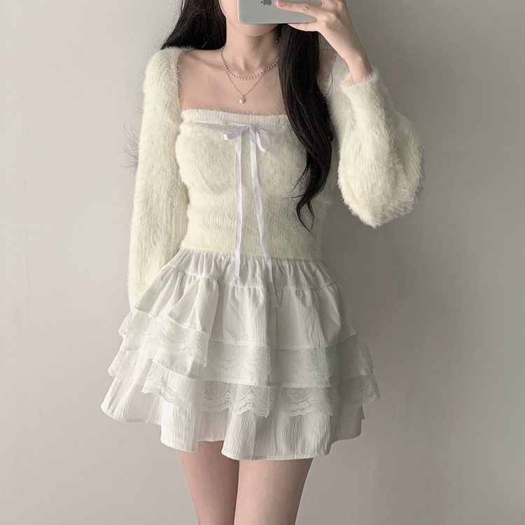 【SET着用可能】アンゴラリボンボレロ ティアードミニスカート IVORY-TOP