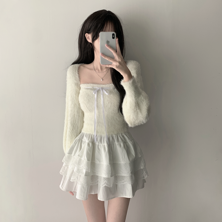 【SET着用可能】アンゴラリボンボレロ ティアードミニスカート IVORY-TOP