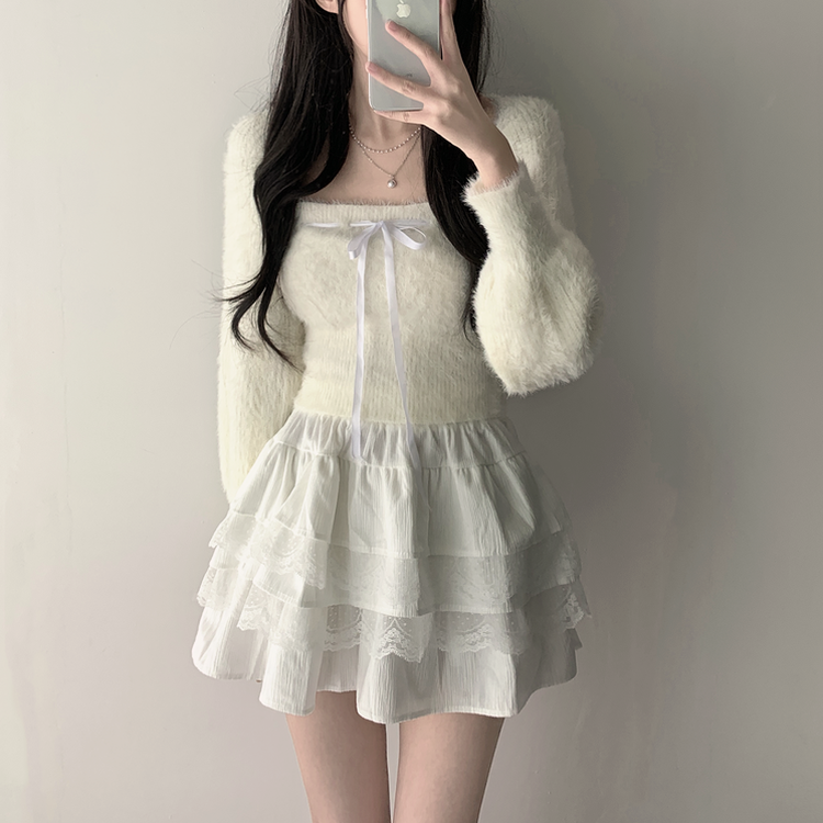 【SET着用可能】アンゴラリボンボレロ ティアードミニスカート IVORY-TOP