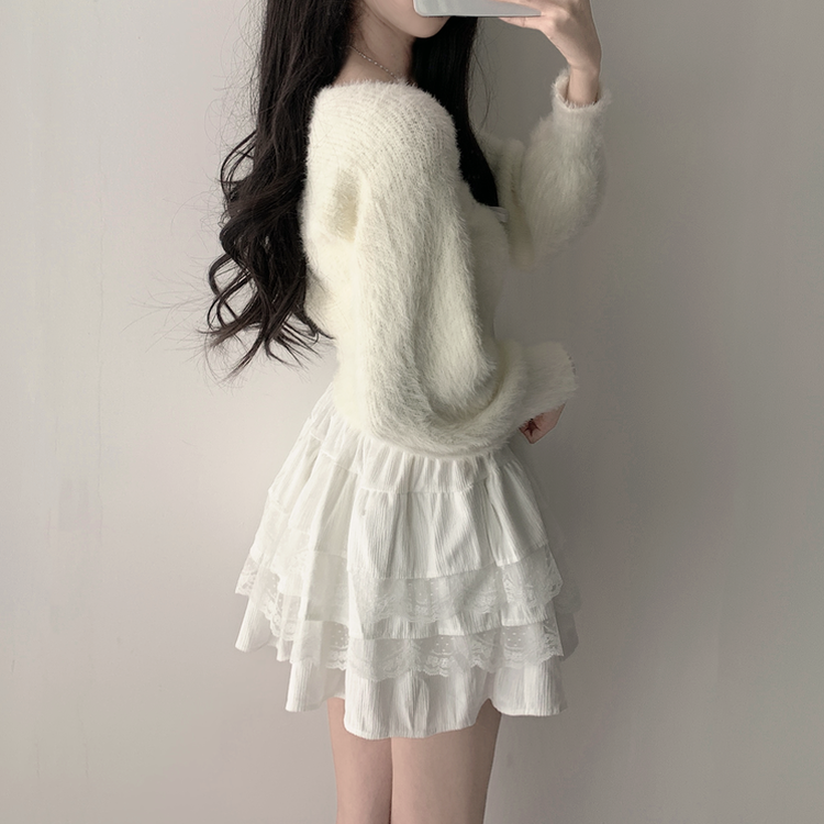 【SET着用可能】アンゴラリボンボレロ ティアードミニスカート IVORY-TOP