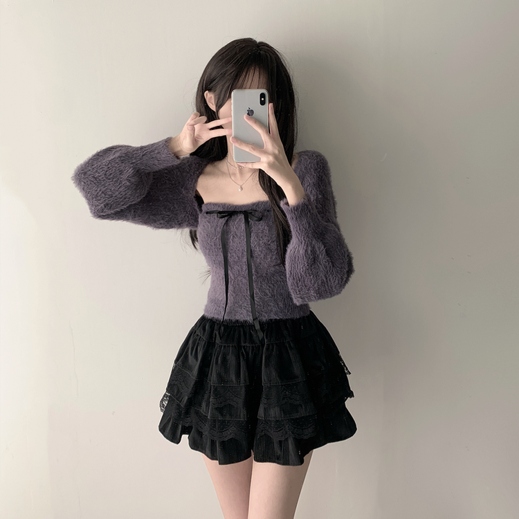 【SET着用可能】アンゴラリボンボレロ ティアードミニスカート CHARCOAL-TOP