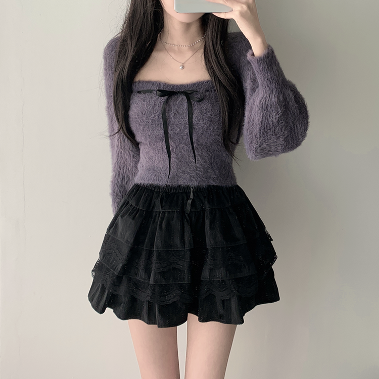 【SET着用可能】アンゴラリボンボレロ ティアードミニスカート CHARCOAL-TOP