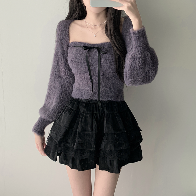 【SET着用可能】アンゴラリボンボレロ ティアードミニスカート CHARCOAL-TOP