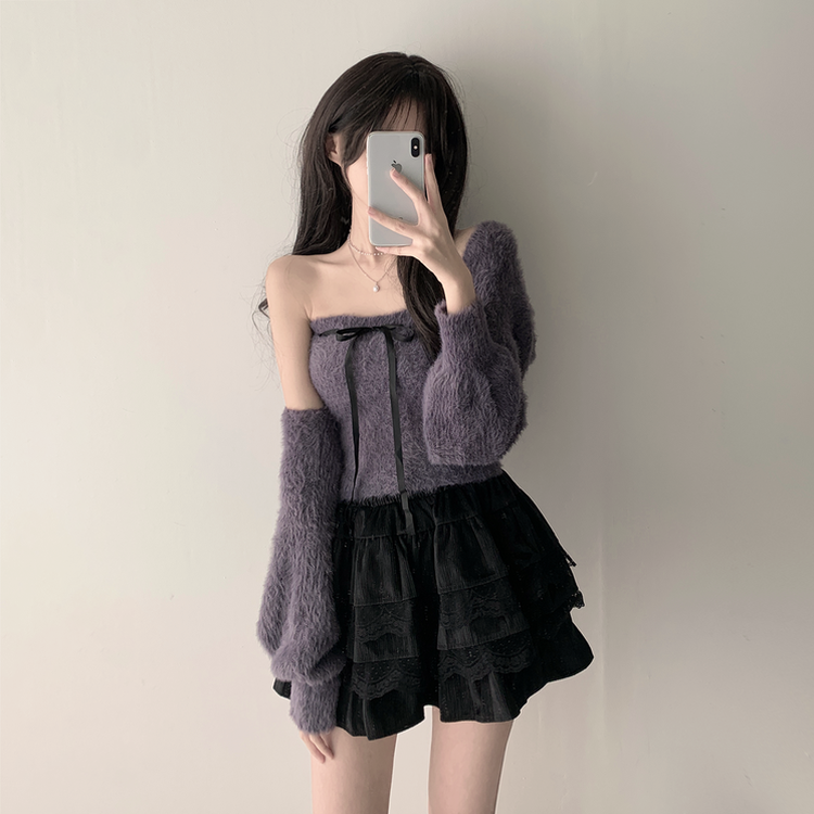 【SET着用可能】アンゴラリボンボレロ ティアードミニスカート CHARCOAL-TOP