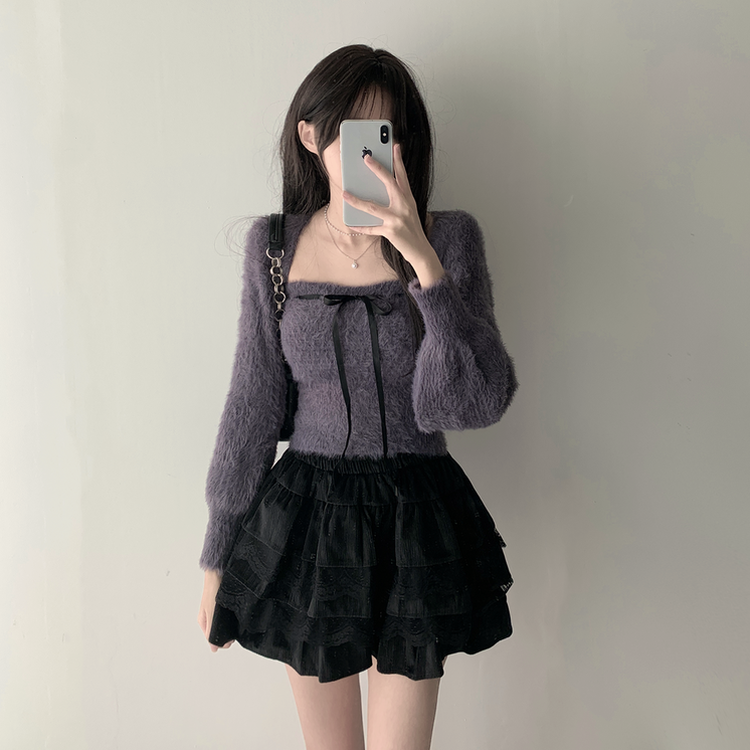 【SET着用可能】アンゴラリボンボレロ ティアードミニスカート CHARCOAL-TOP