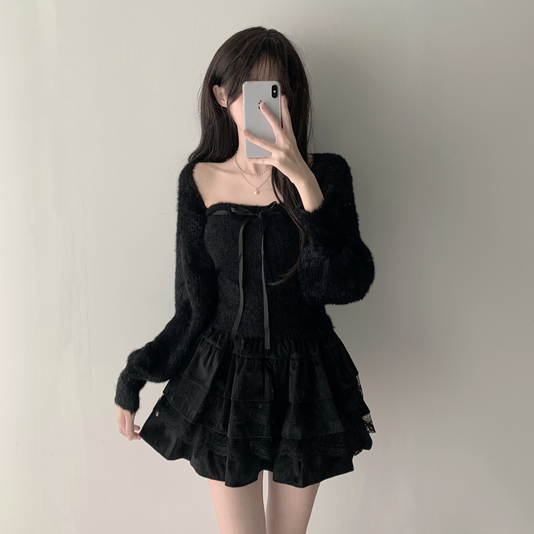 【SET着用可能】アンゴラリボンボレロ ティアードミニスカート BLACK-TOP