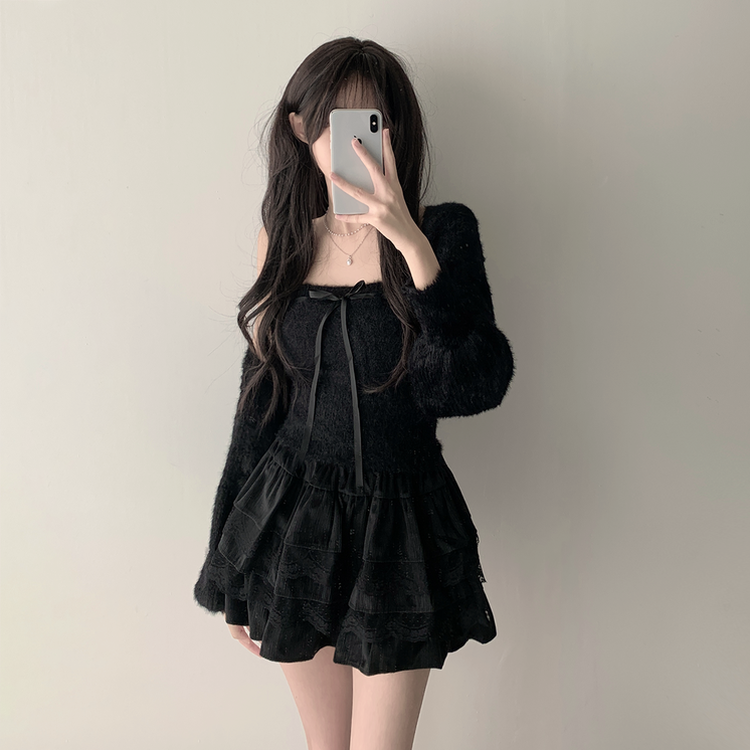 【SET着用可能】アンゴラリボンボレロ ティアードミニスカート BLACK-TOP