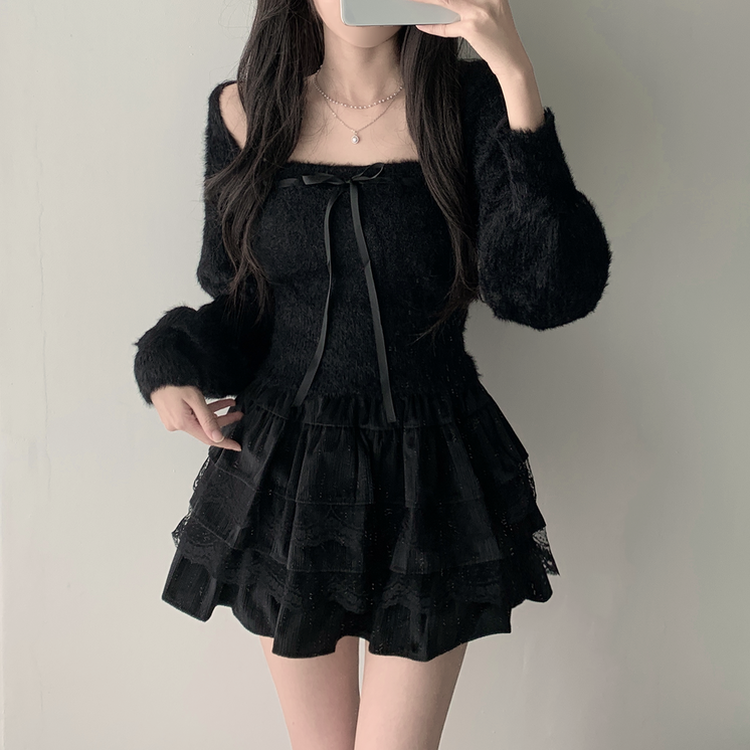 【SET着用可能】アンゴラリボンボレロ ティアードミニスカート BLACK-TOP