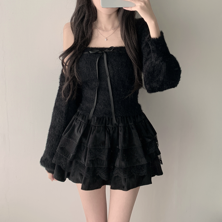 【SET着用可能】アンゴラリボンボレロ ティアードミニスカート BLACK-TOP