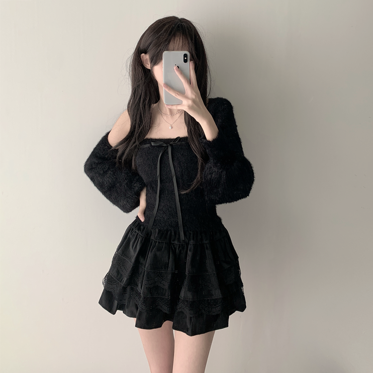 【SET着用可能】アンゴラリボンボレロ ティアードミニスカート BLACK-TOP