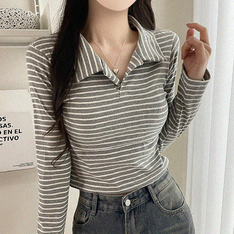 ストライプクロップオープンカラー長袖Tシャツ