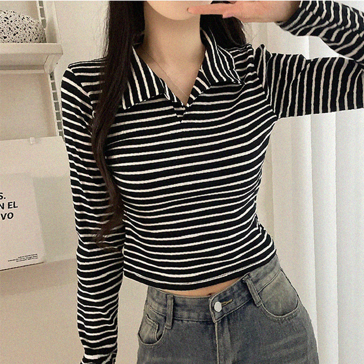 ストライプクロップオープンカラー長袖Tシャツ