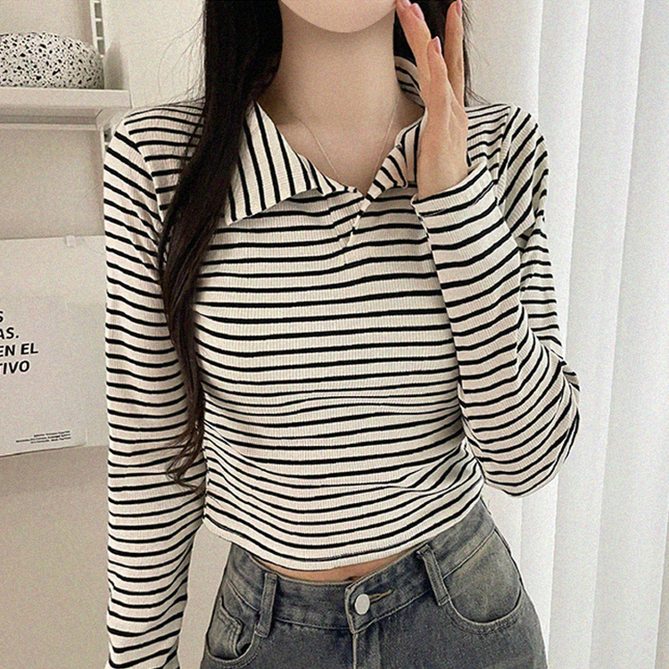 ストライプクロップオープンカラー長袖Tシャツ